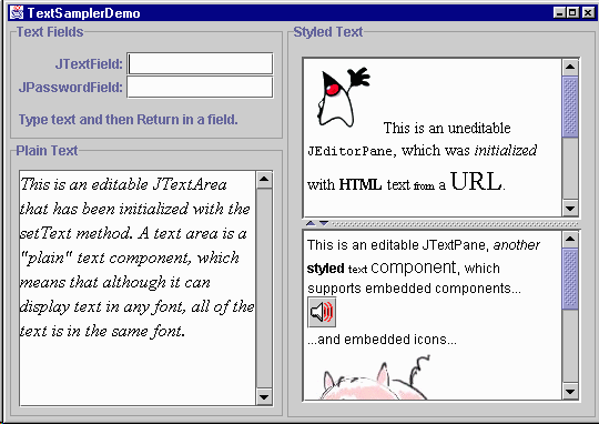 An application that provides a sample of each Swing text component