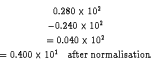 \begin{eqnarray*}&\ 0.280 \times 10^2 \\
&- 0.240 \times 10^2 \\
&= 0.040 \times 10^2 \\
&= 0.400 \times 10^1\ \ \ \text{after normalisation}.
\end{eqnarray*}
