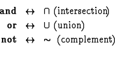 \begin{eqnarray*}\mathbf{and} &\leftrightarrow &\cap\ (\text{intersection})\\
\...
...\\
\mathbf{not} & \leftrightarrow &\sim\ (\text{complement})\\
\end{eqnarray*}