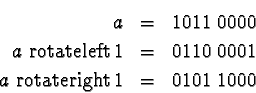 \begin{eqnarray*}a & = & 1011\ 0000 \\
a\ \text{rotateleft}\ 1 & = & 0110\ 0001\ \\
a\ \text{rotateright}\ 1 & = & 0101\ 1000\
\end{eqnarray*}